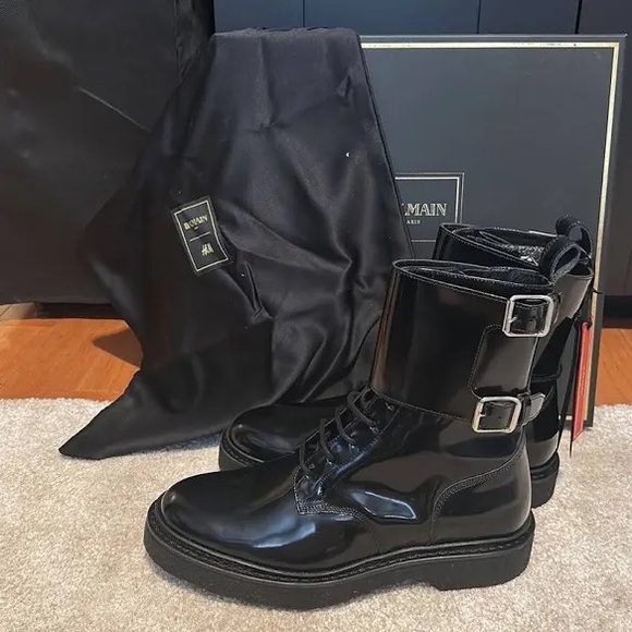 BALMAIN x H&M Black Patent Leather Combat Boots - Size 11.5 - NWT - Picture 2 of 5